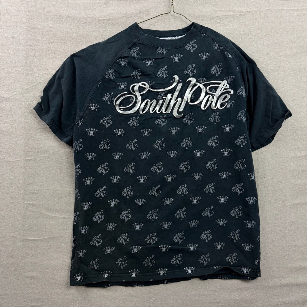 Southpole Graphic T-Shirt L Black Silver Crown All Over Print Y2K Streetwear